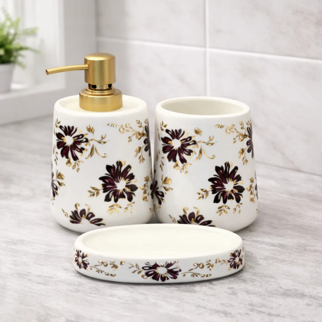 4-Piece Floral Bathroom Accessories Set – White with Dark Flower Design Soap Dispenser, Toothbrush Holder & Soap Dish
