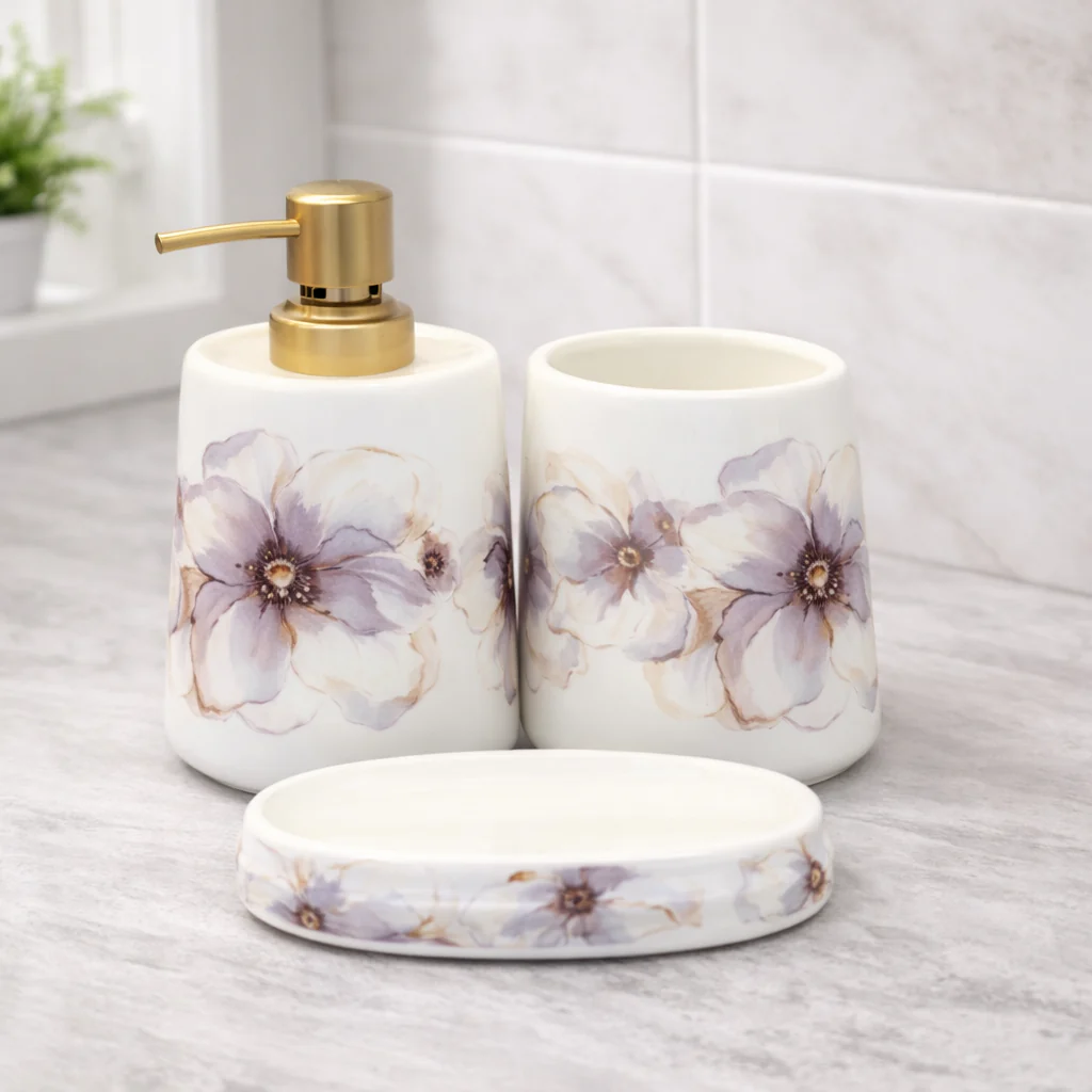 4-Piece Floral Bathroom Accessories Set – White with Purple Flower Design Soap Dispenser, Toothbrush Holder & Soap Dish