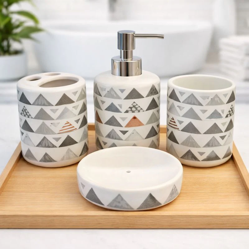4PC Ceramic Bath Set – Modern Geometric Bathroom Accessories Soap Dispenser, Toothbrush Holder, Tumbler & Soap Dish