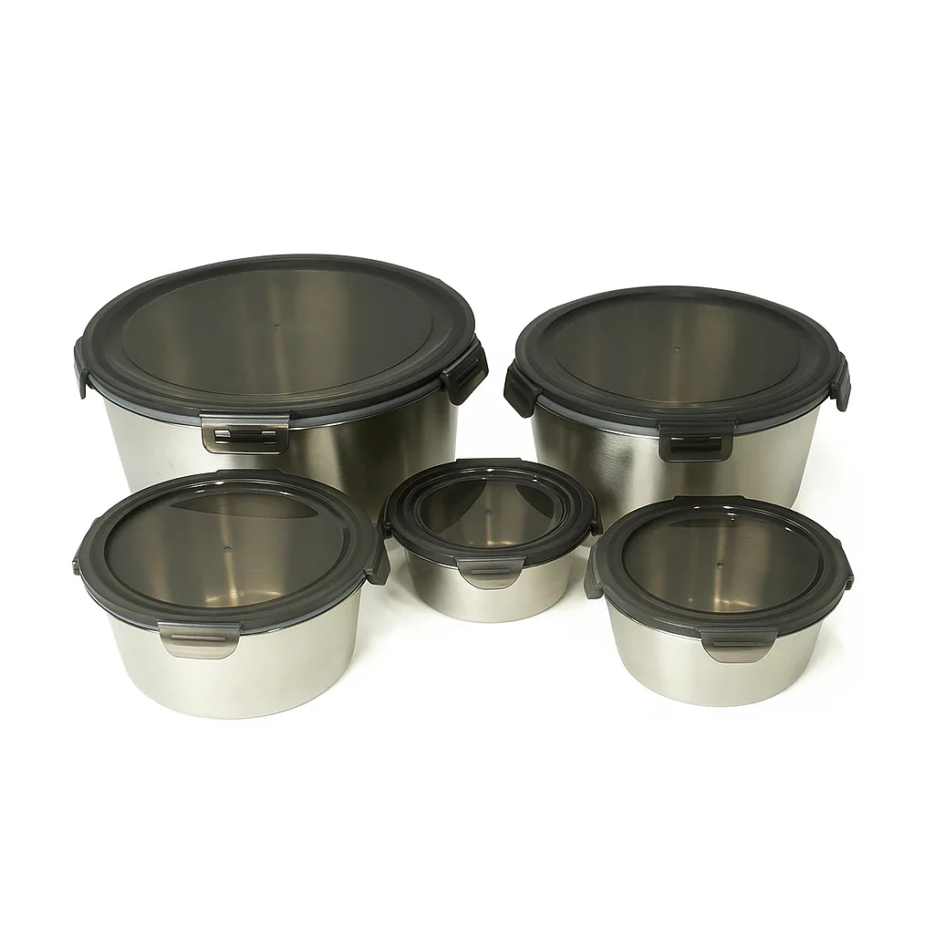 5 Pcs Steel Storage Box Set – Brushed Steel with Black Clip-Lock Lids – 400ml to 3500ml