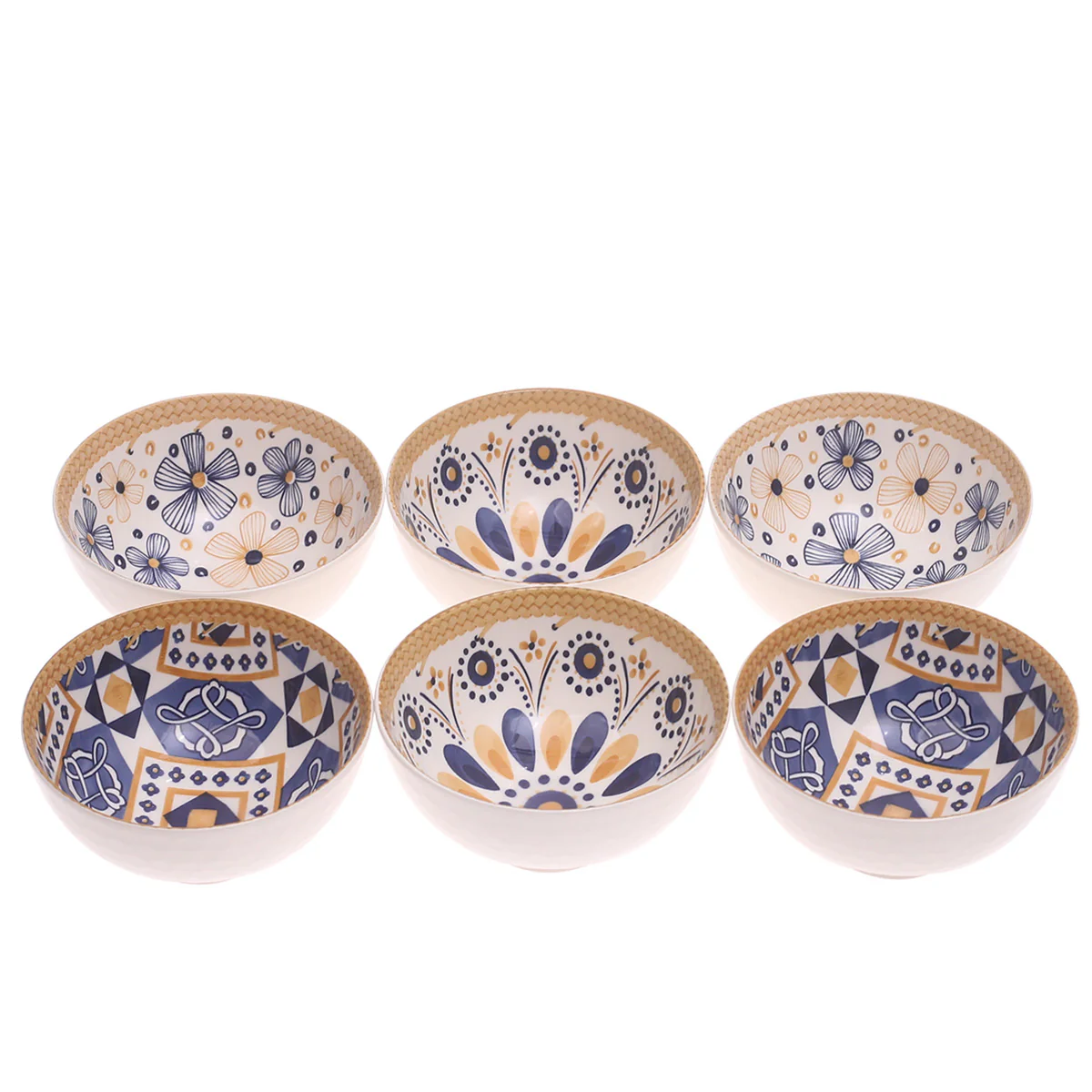 6 Pcs  Blue & Mustard Patterned Ceramic Bowl Set