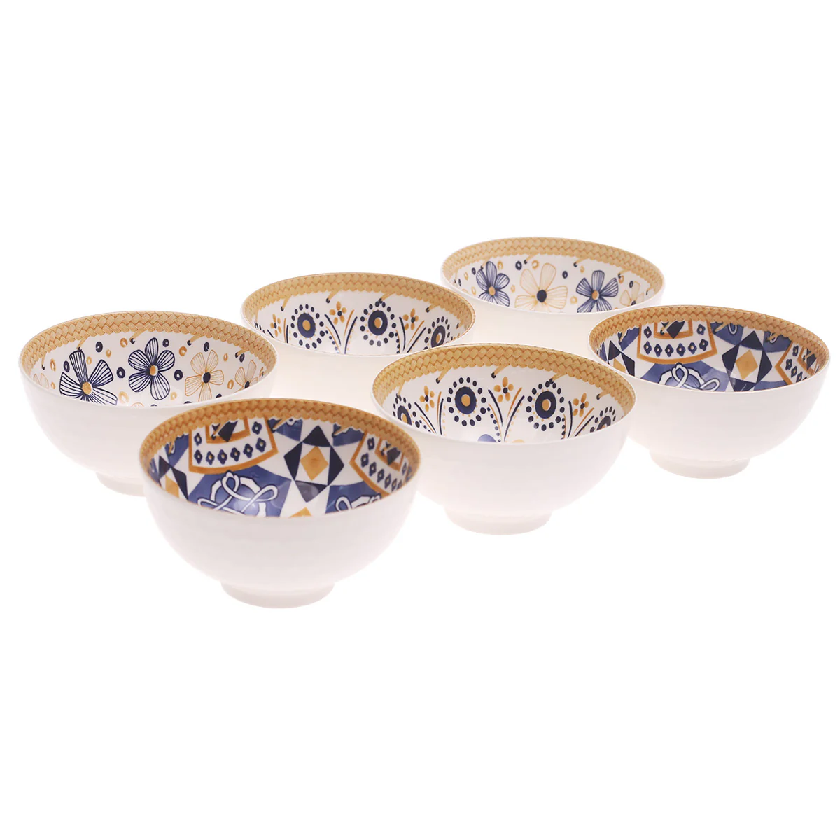 6 Pcs  Blue & Mustard Patterned Ceramic Bowl Set - Image 2