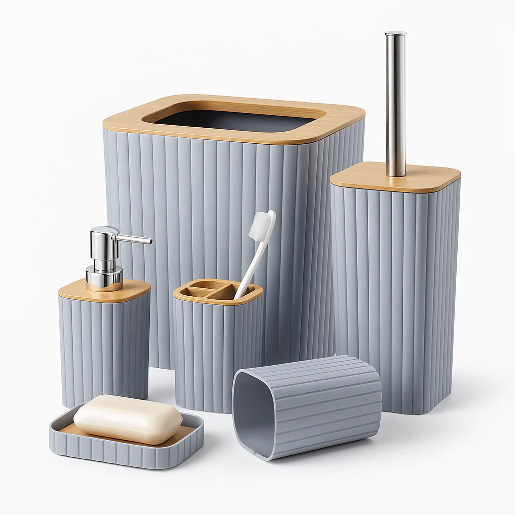 6-Piece Bathroom Set – Golden Line Edition, Premium Ribbed Bathroom Accessories with Wooden-Style Tops