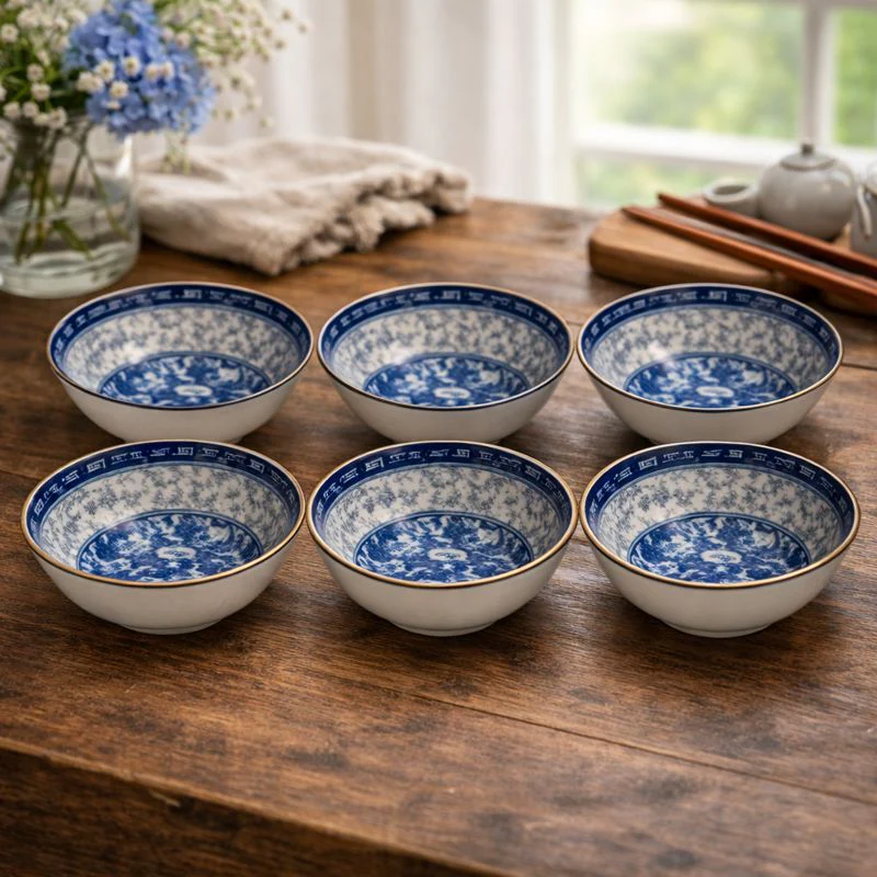 6-Piece Ceramic Bowl Set – Blue & White Classic Pattern