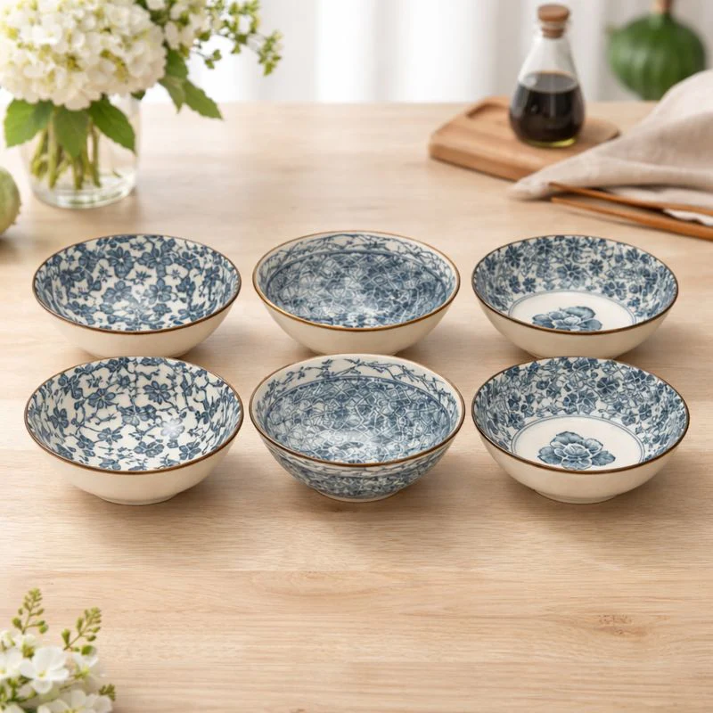6-Piece Ceramic Bowl Set – Blue & White Floral Patterned Serving Bowls