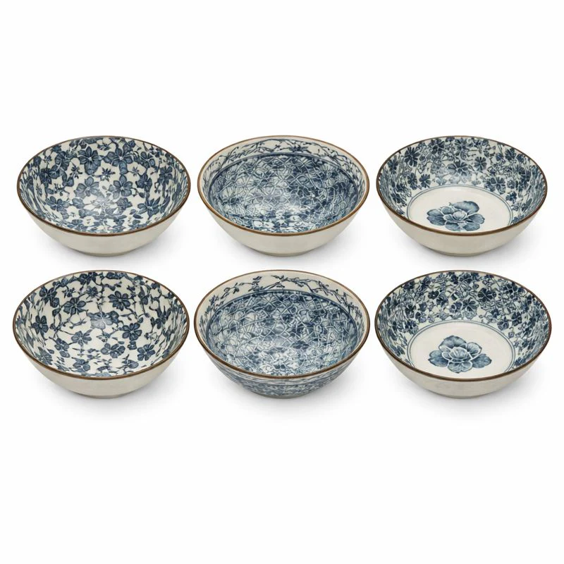 6-Piece Ceramic Bowl Set – Blue & White Floral Patterned Serving Bowls - Image 2