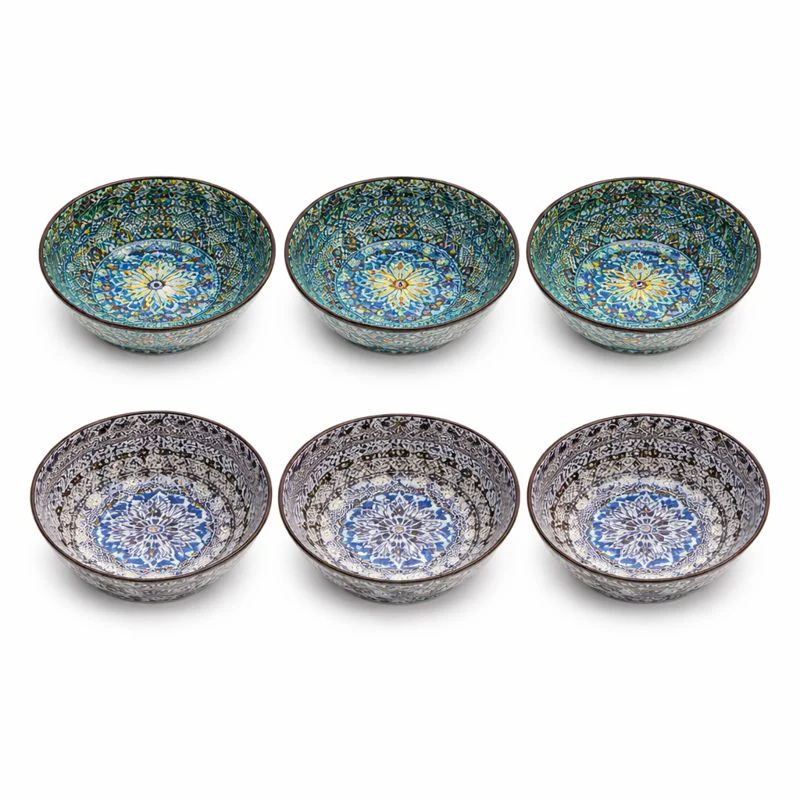 6-Piece Ceramic Bowl Set – Elegant Blue & Grey Patterned Serving Bowls - Image 2