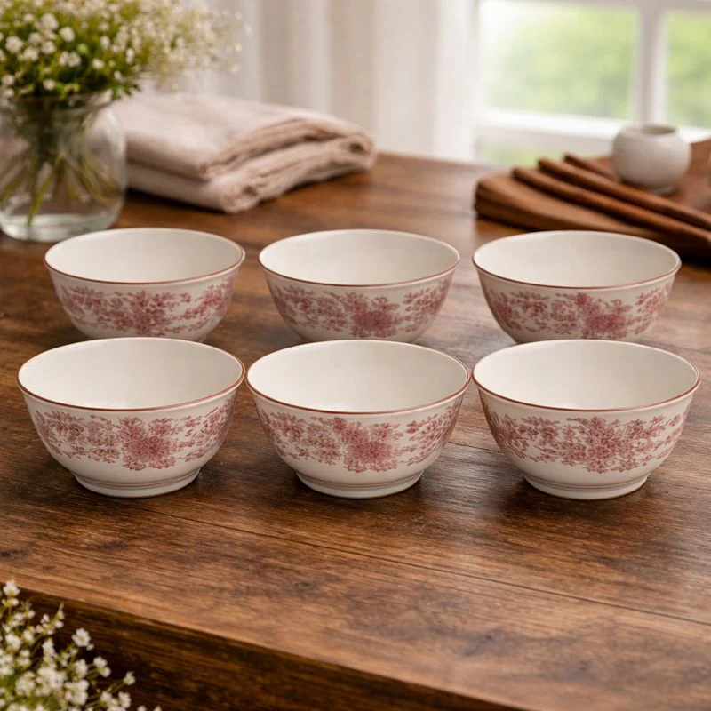6-Piece Ceramic Bowl Set – Red Floral Classic Design