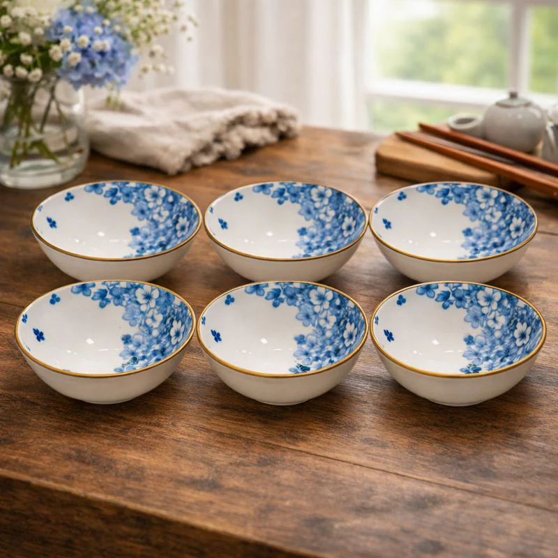 6PC Ceramic Bowl Set – Blue Floral Design with Gold Rim | Elegant Serving Bowls