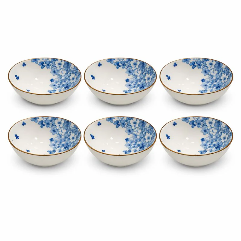 6PC Ceramic Bowl Set – Blue Floral Design with Gold Rim | Elegant Serving Bowls - Image 2