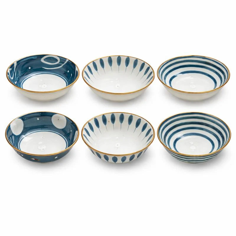 6PC Ceramic Bowl Set – Blue & White Pattern with Gold Rim | Elegant Dining Bowls - Image 2