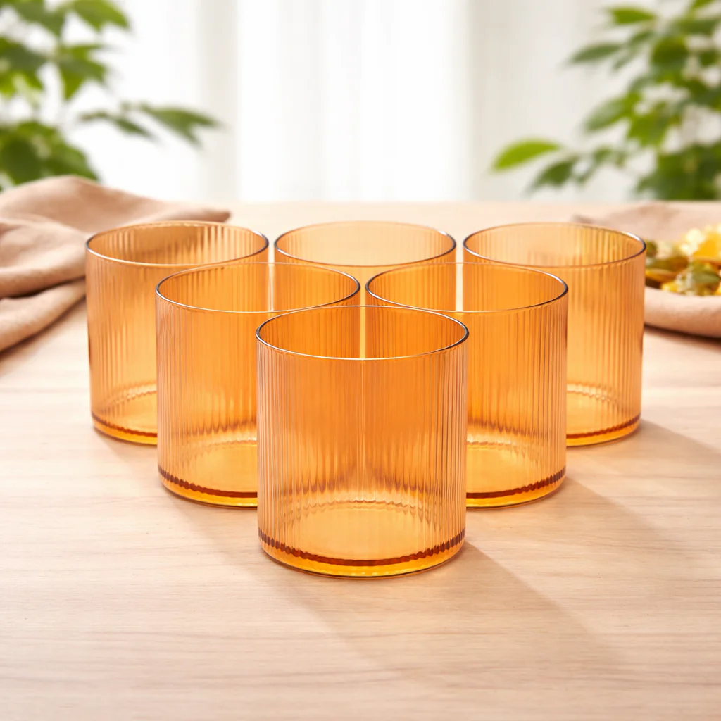 6Pcs Tumbler Set – 350ml Ribbed Amber Drinking Glasses