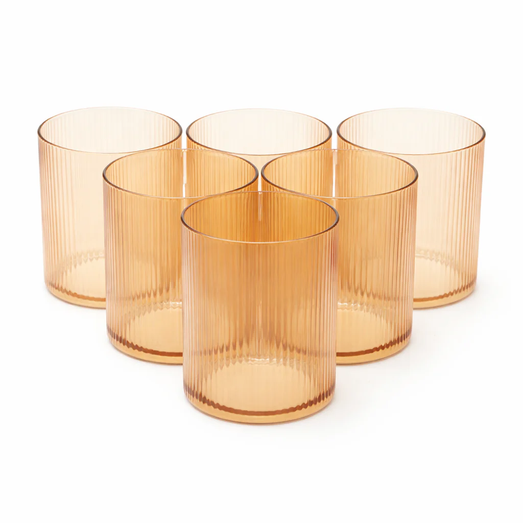6Pcs Tumbler Set – 350ml Ribbed Amber Drinking Glasses - Image 2