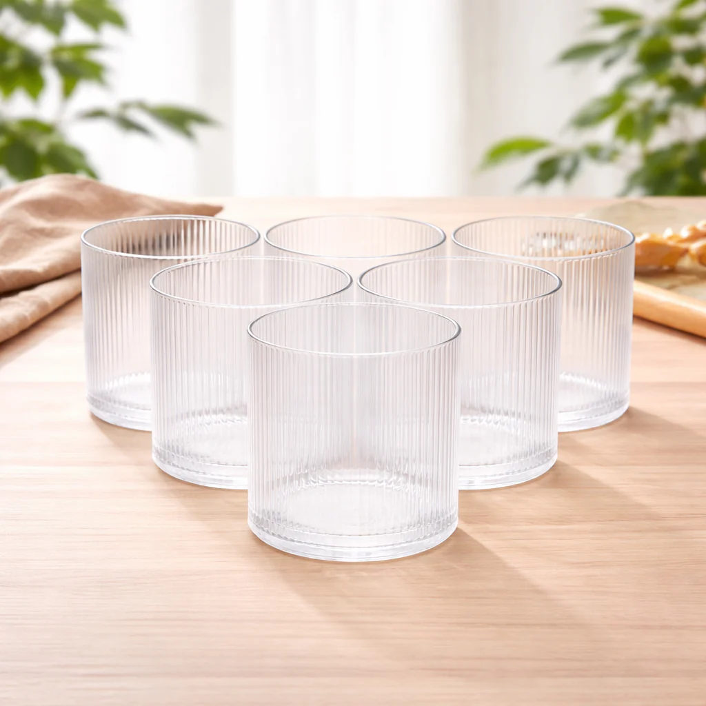 6Pcs Tumbler Set – 350ml Ribbed Clear Drinking Glasses