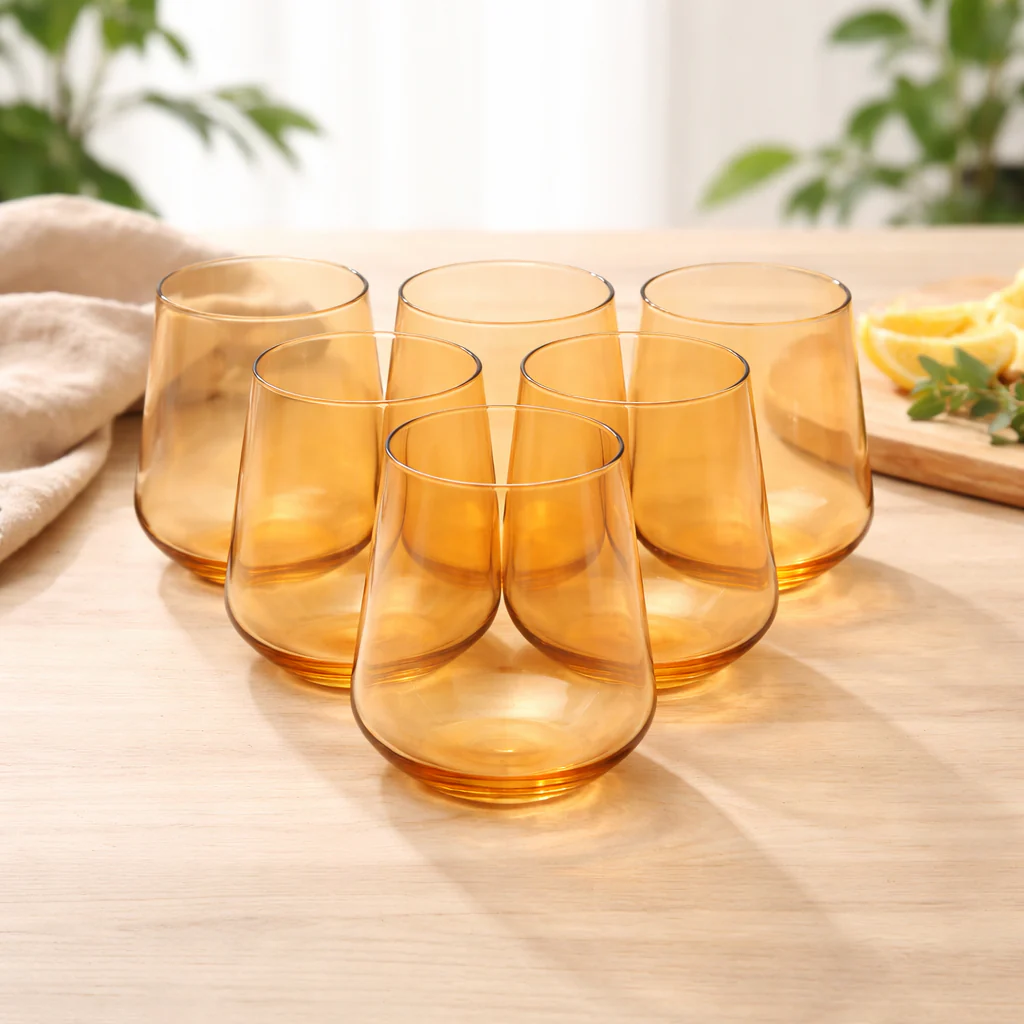 6Pcs Tumbler Set – 410ml Elegant Amber Drinking Glasses