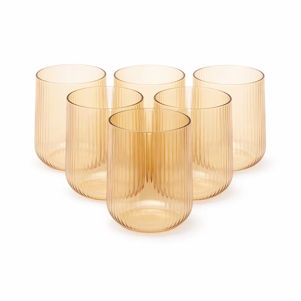 6Pcs Tumbler Set – 440ml Ribbed Amber Drinking Glasses - Image 2