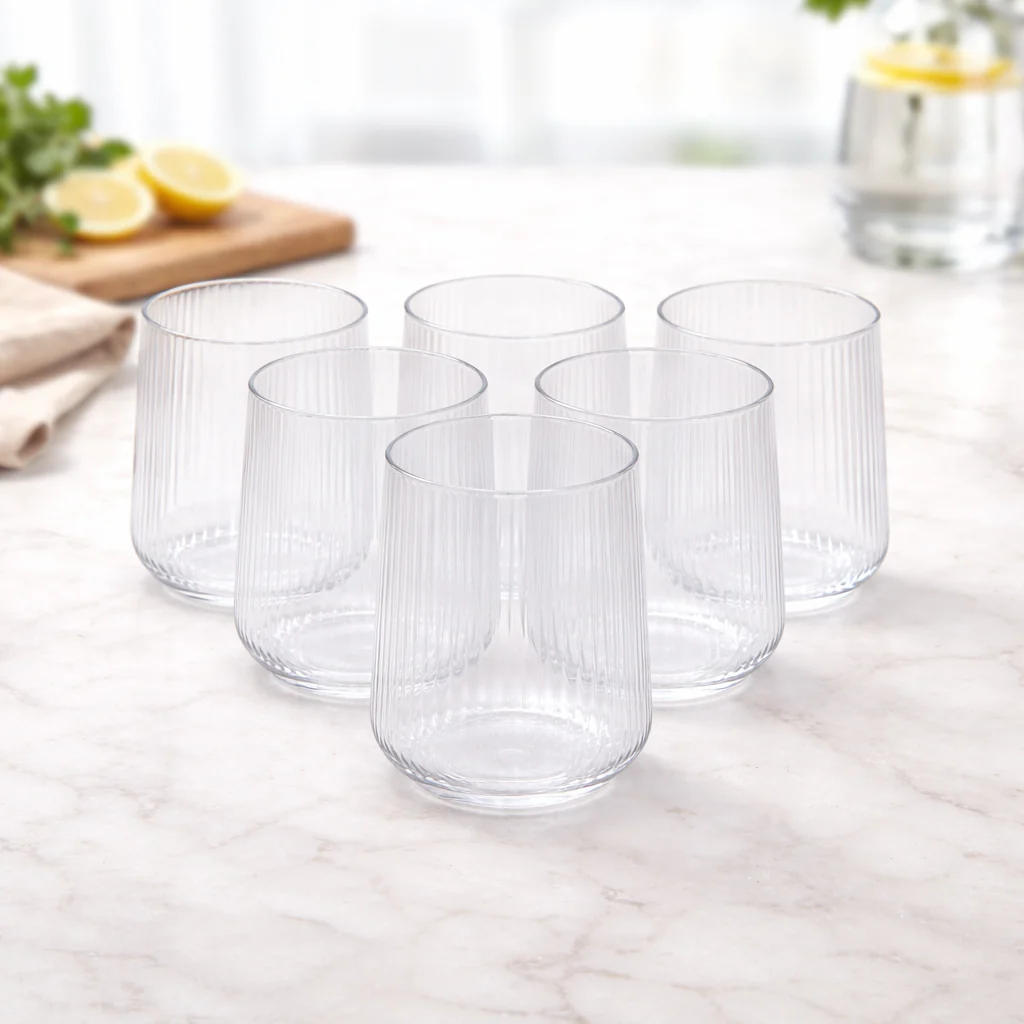 6Pcs Tumbler Set – 440ml Ribbed Clear Drinking Glasses