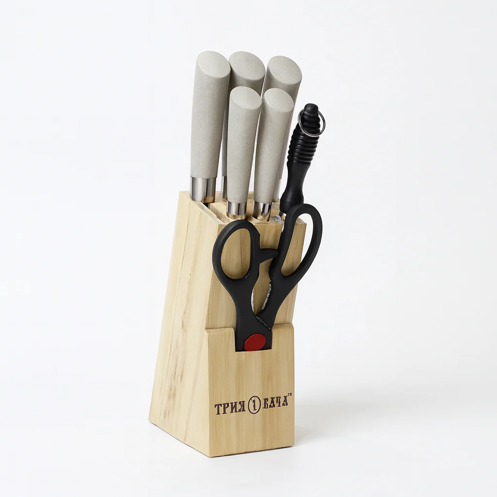 7 Pcs Stainless Steel Knife Set with Wooden Block – Beige Handle Kitchen Knives & Scissors