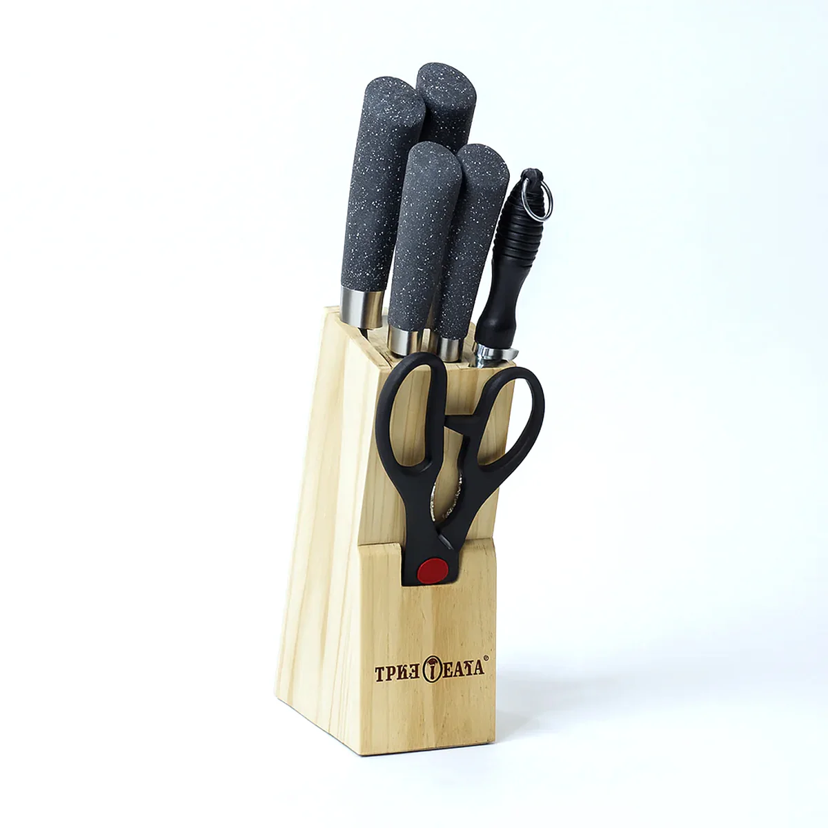 7 Pcs Stainless Steel Knife Set with Wooden Block – Black Speckled Handle Kitchen Knives & Scissors