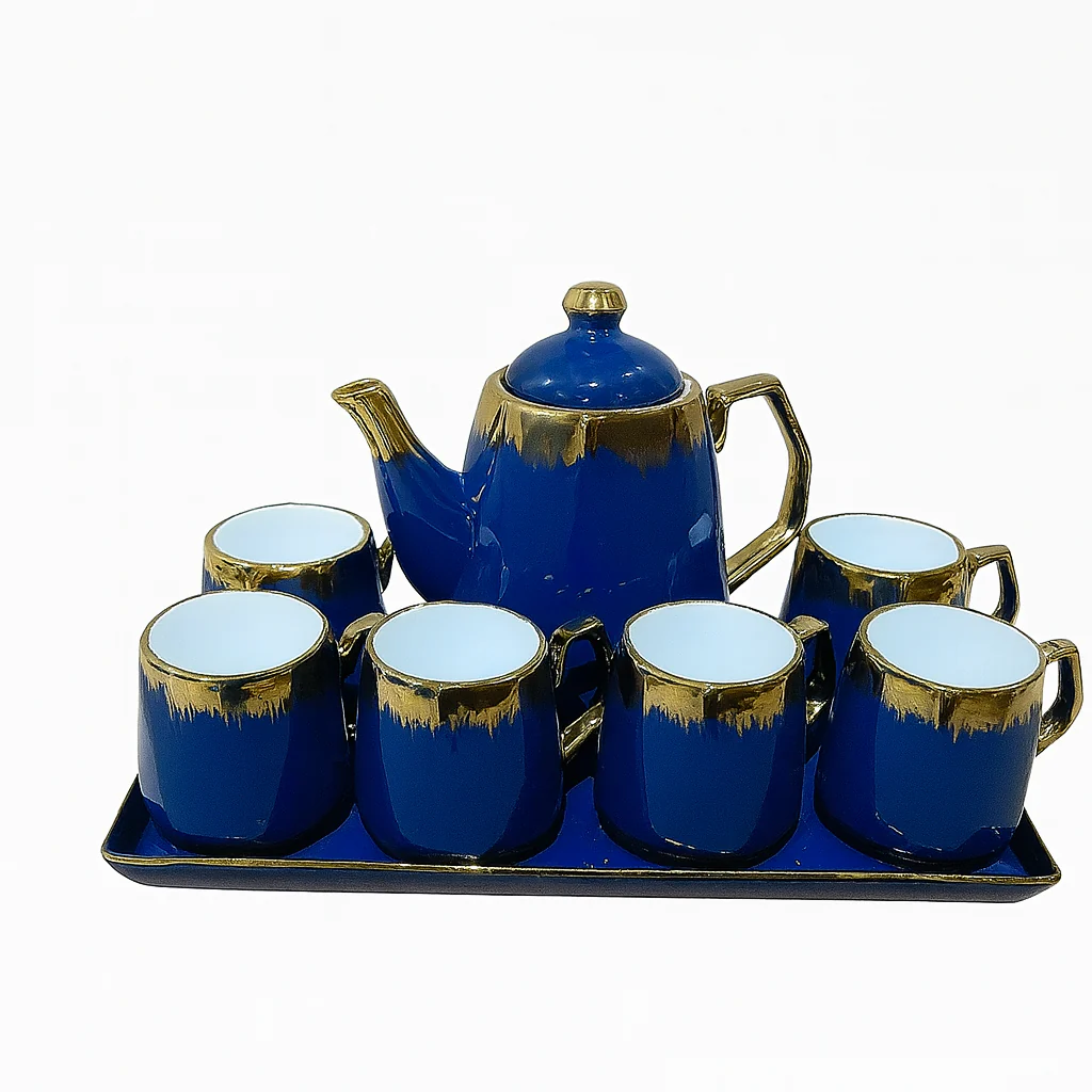 8-Piece Deluxe Ceramic Tea Set with Tray – Available in Blue, Green & Black | Gold-Rimmed Elegant Design - Image 2