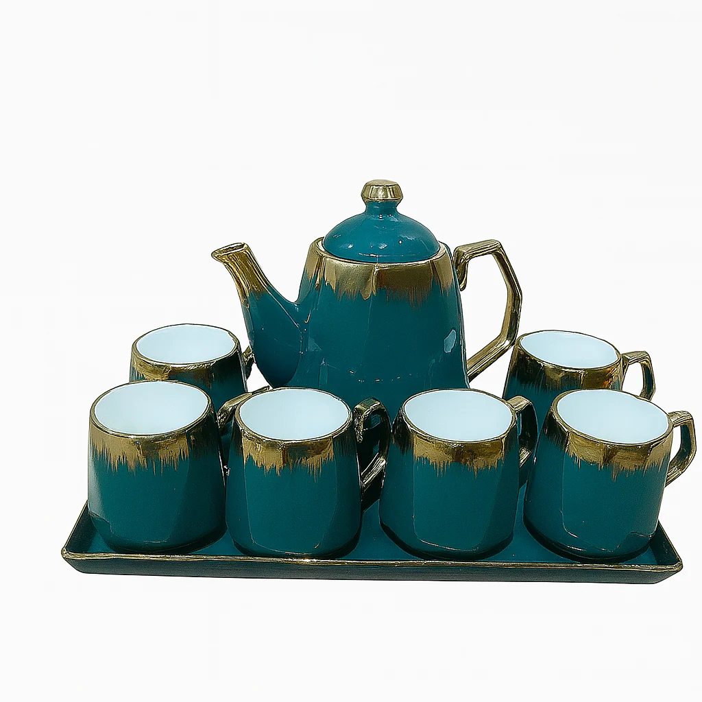 8-Piece Deluxe Ceramic Tea Set with Tray – Available in Blue, Green & Black | Gold-Rimmed Elegant Design - Image 3