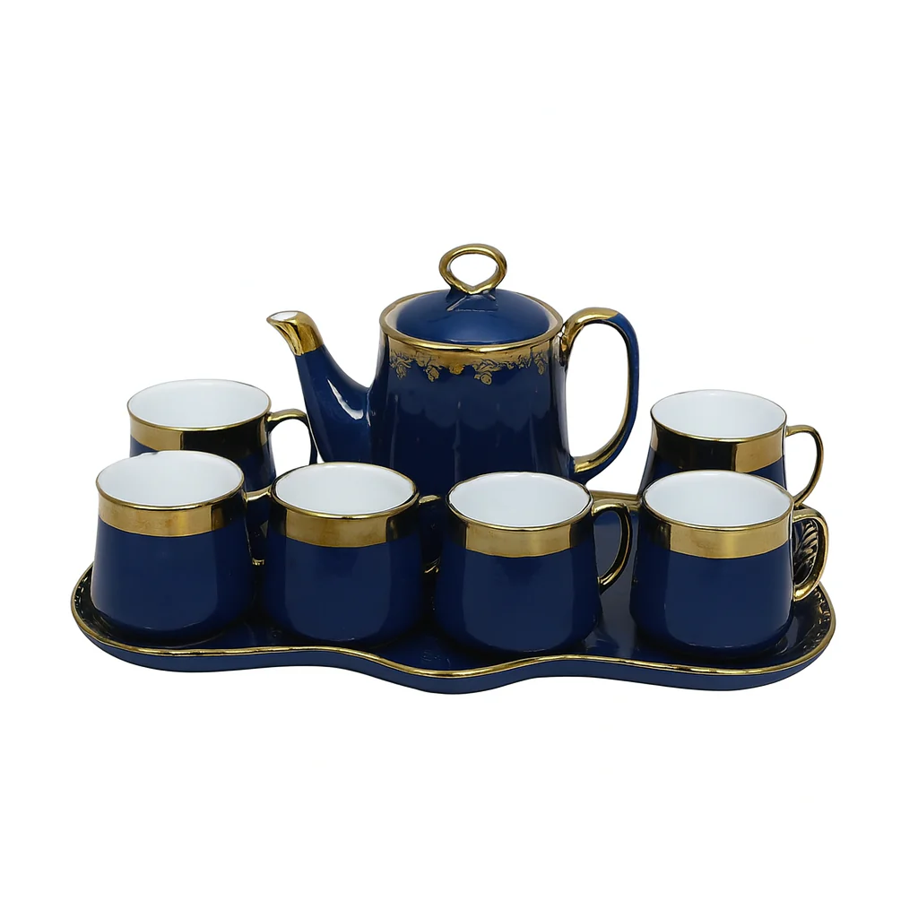 8-Piece Elegant Ceramic Tea Set with Tray – Available in Blue & Black | Luxury Gold-Trimmed Design - Image 2