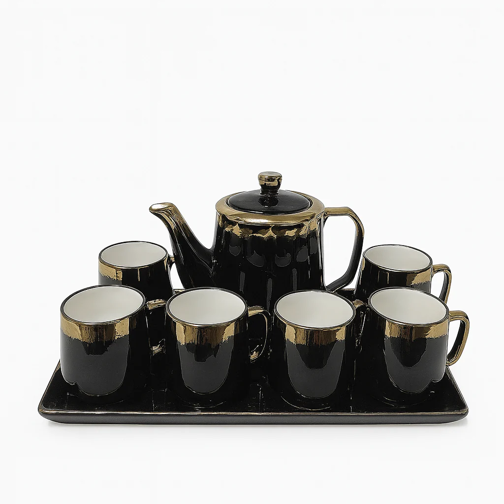 8-Piece Luxury Ceramic Tea Set with Tray – Available in Blue & Black | Gold-Trimmed Premium Design