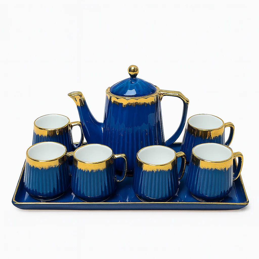 8-Piece Premium Ceramic Tea Set with Tray – Available in Blue, Green & Black | Gold-Trimmed Luxury Design - Image 2