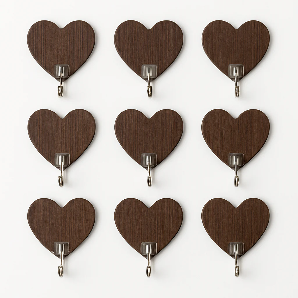 9-Piece Wooden Wall Hook Set – Oval & Heart Shape Decorative Hooks Assorted - Image 2