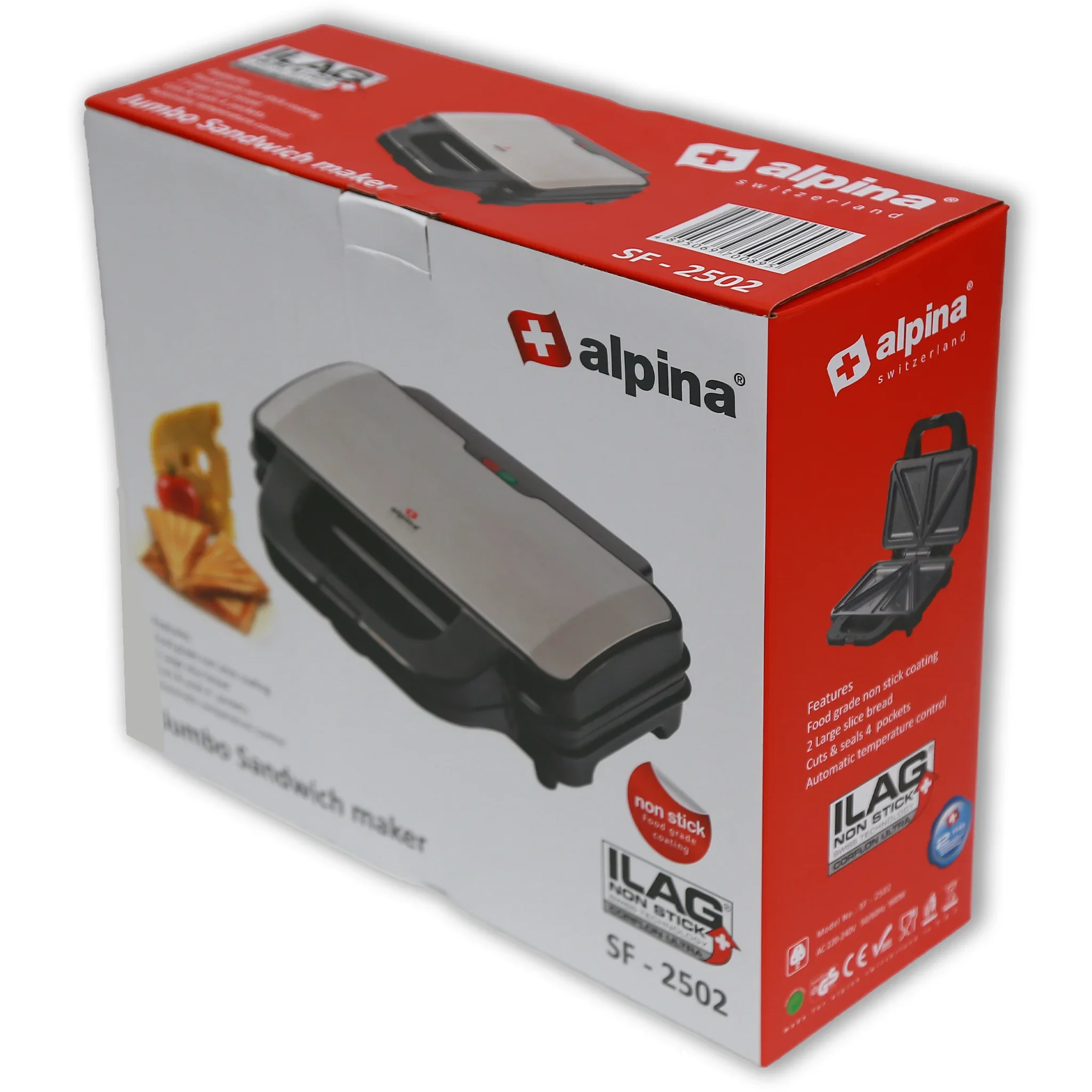 Alpina SF-2502-SB Jumbo Sandwich Maker | 1400W Non-Stick Electric Sandwich Grill – Black & Stainless Steel - Image 10