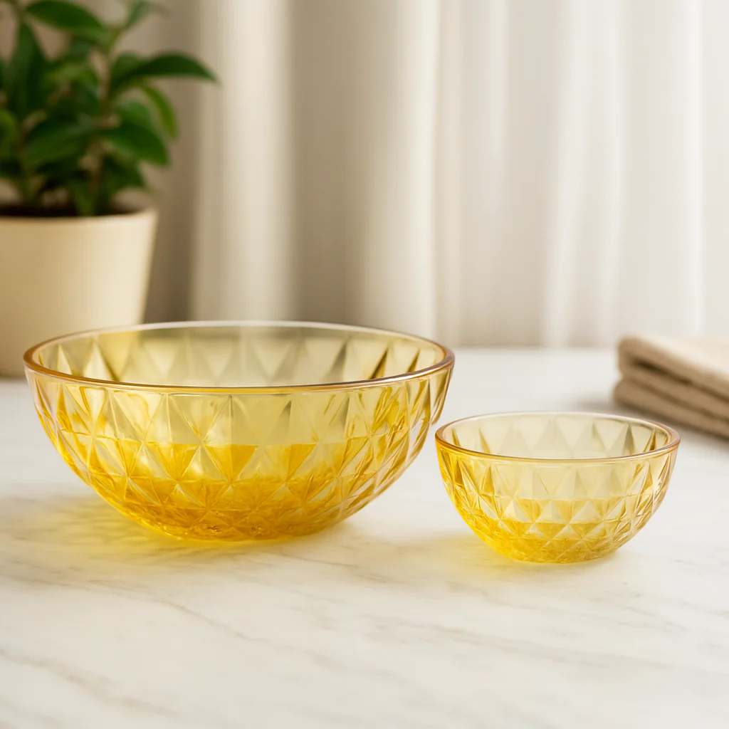 Amber-Tinted Diamond-Cut 7-Piece Fruit & Serving Bowl Set – Premium Coloured Pressed Glass