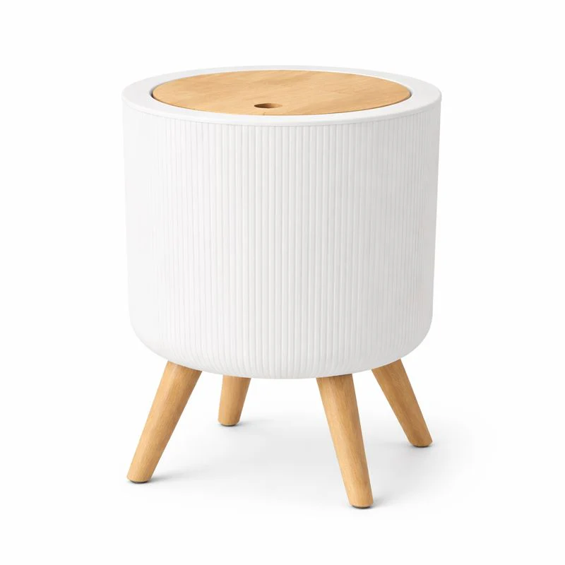 Bedroom Trash Bin – Round Shape with Vertical Lining Pattern & Wooden Legs - Image 2