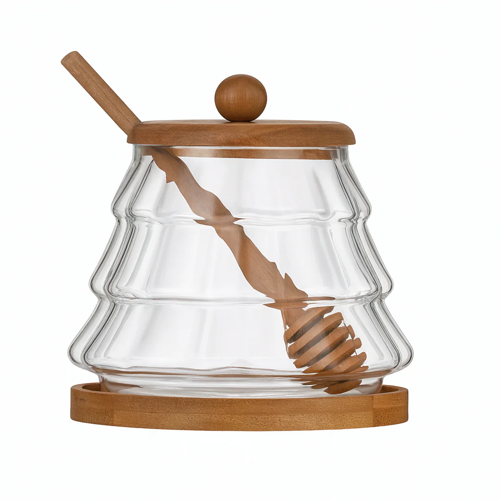 Beehive-Style Glass Honey Jar with Wooden Lid & Dipper — Drip-Free Serving