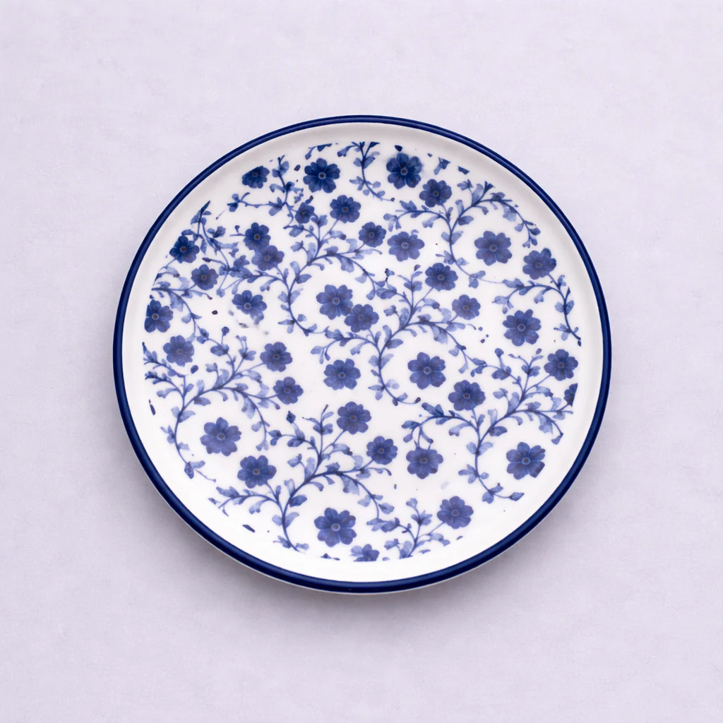 Blue Floral Round Plate – Classic Printed Serving Plate