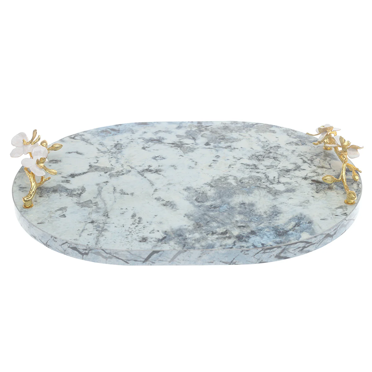 Blue Marble Finish Decorative Platter 12 x 16 Inch – Luxury Oval Serving Platter with Floral Handles