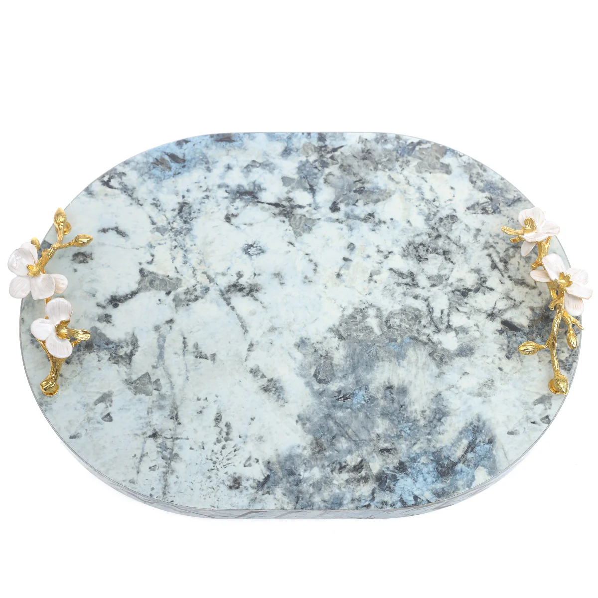 Blue Marble Finish Decorative Platter 12 x 16 Inch – Luxury Oval Serving Platter with Floral Handles - Image 2