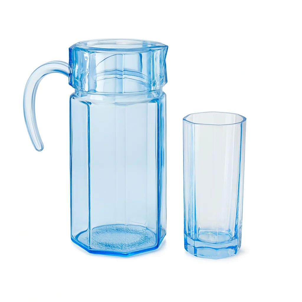 Blue-Tinted 7-Piece Water Set – 1.25 L Jug with 320 ml Glasses (Coloured Pressed Glass - Image 2