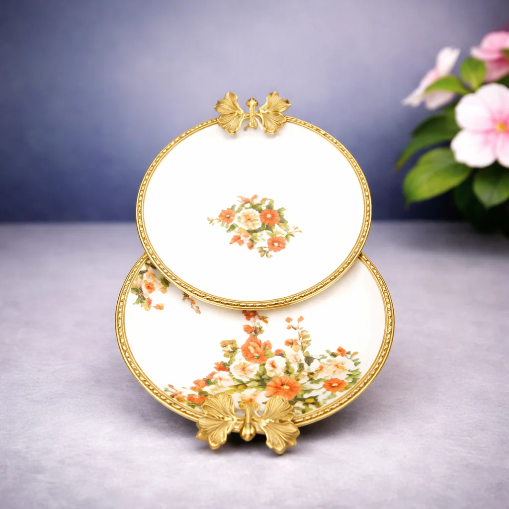 Bowl and Tray Set – Elegant Floral Serving Set with Gold Detailing