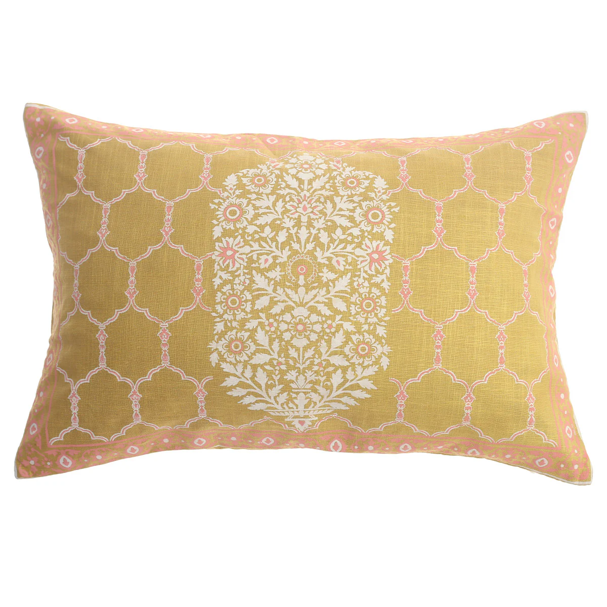 Zareen Cushion Cover 12x18 – Yellow Floral Block Print Cotton Lumbar Pillow - Image 2