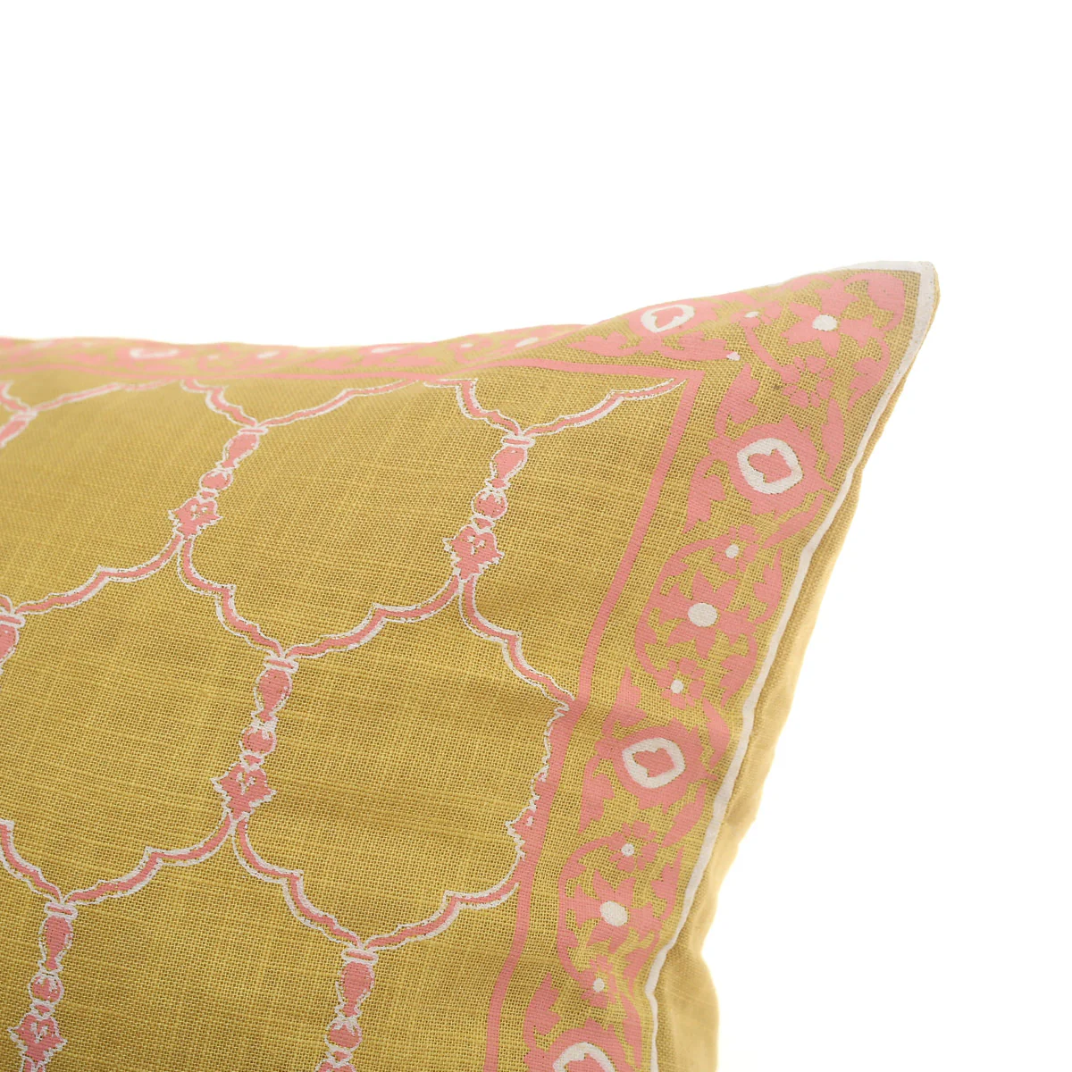 Zareen Cushion Cover 12x18 – Yellow Floral Block Print Cotton Lumbar Pillow - Image 3