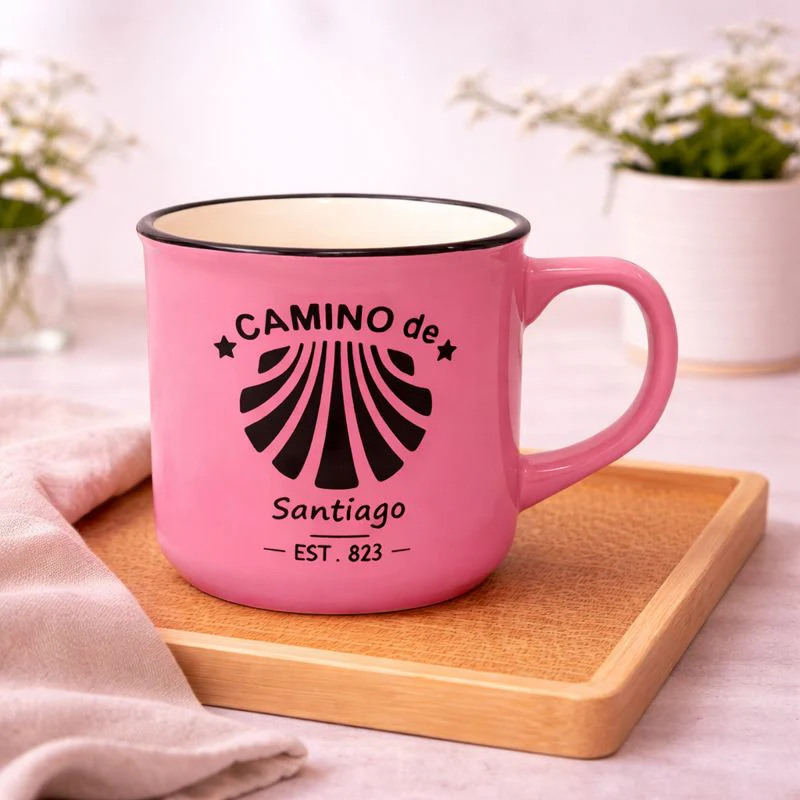 Camino de Santiago Enamel-Style Ceramic Mug – Travel-Inspired Coffee & Tea Cup in Pink
