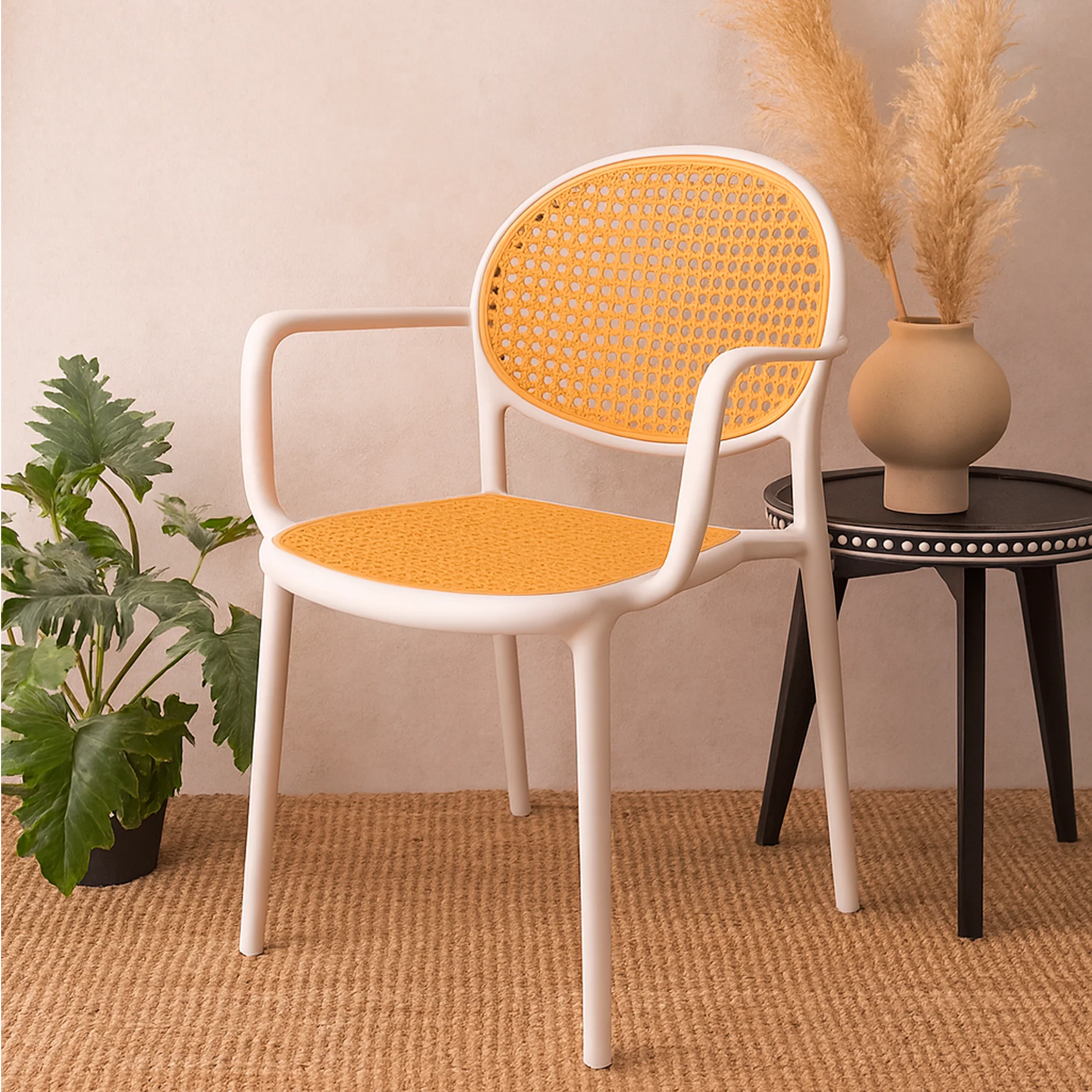 Cane Charm Armchair – Plastic Frame with Woven Cane‑Style Seat & Back (Black, White, Green) - Image 3