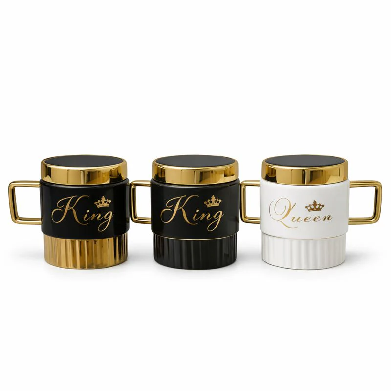 Ceramic King & Queen Style Mug C2237 – White, Black & Black-Golden Luxury Cup Set