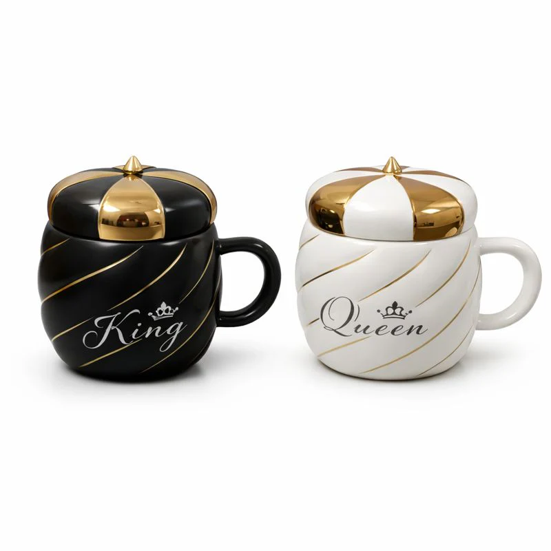 Ceramic King & Queen Style Mug Set – Luxury White & Black Coffee Cups with Lid
