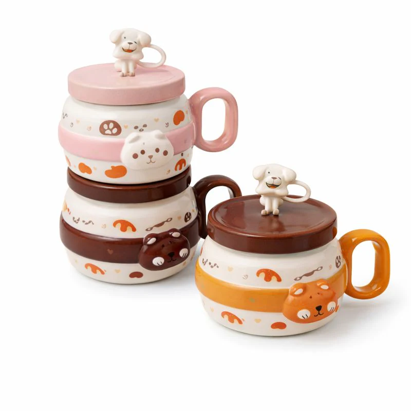 Ceramics Cartoon Mug with Straw – Cute Animal Design Cup in Pink, Yellow & Brown