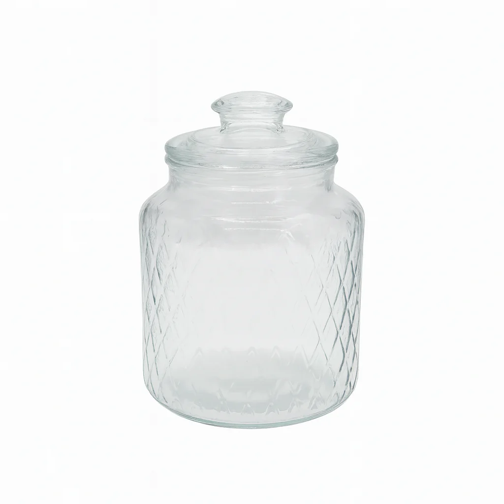 Clear Diamond-Pattern Pressed-Glass Storage Jar with Lid – 2200 ml Airtight Kitchen Container - Image 2
