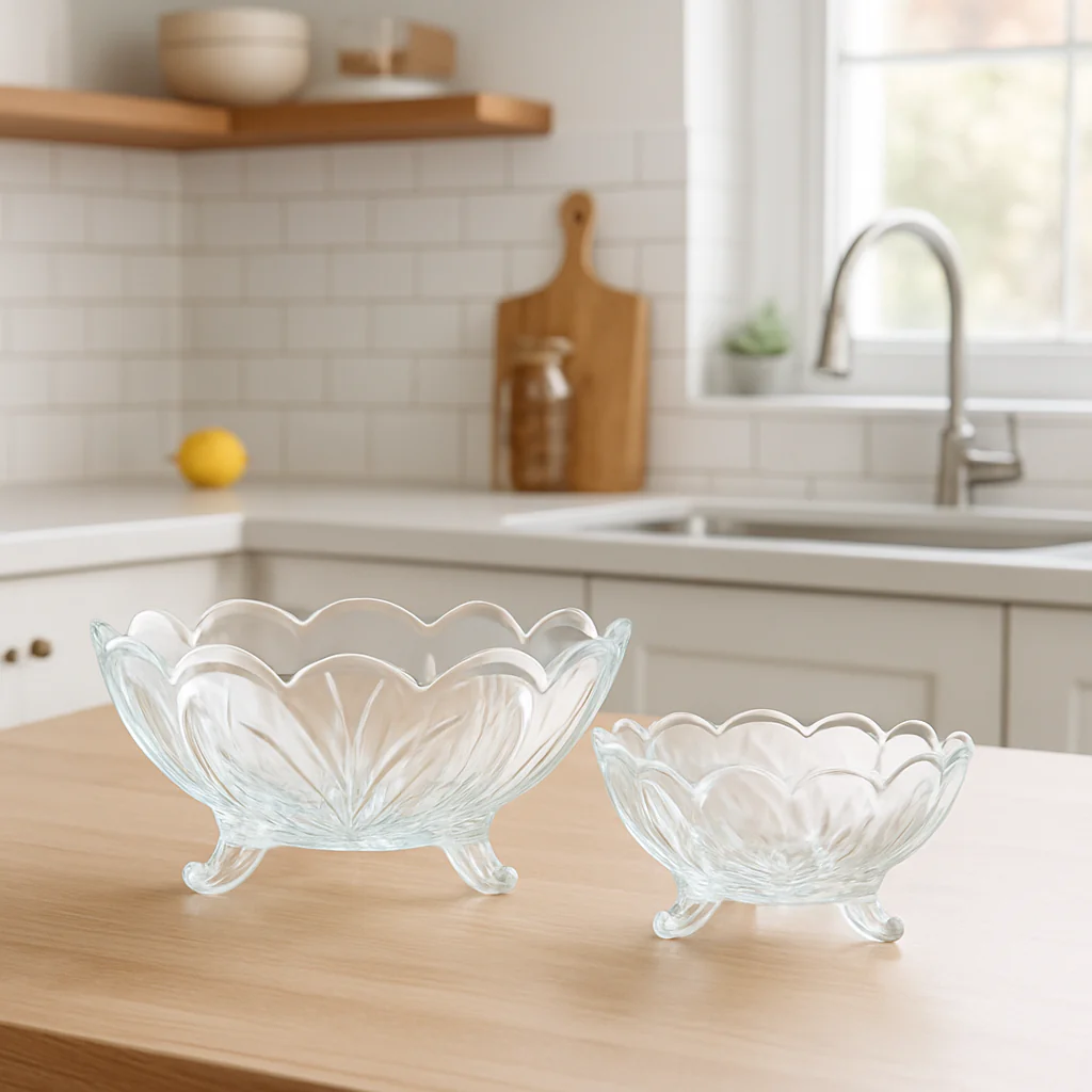 Clear Footed Pressed-Glass 7-Piece Fruit Bowl Set – Decorative Floral Embossed Design