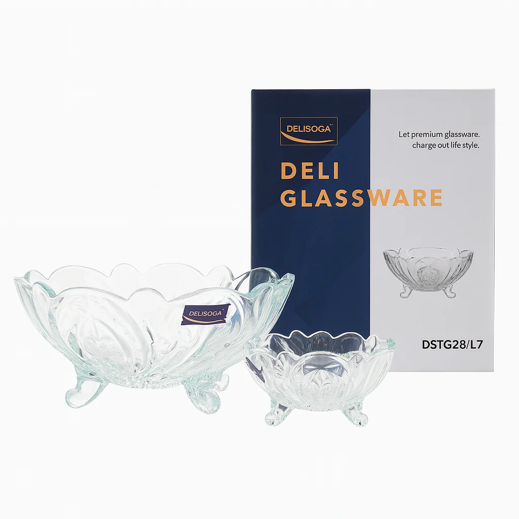 Clear Footed Pressed-Glass 7-Piece Fruit Bowl Set – Decorative Floral Embossed Design - Image 2