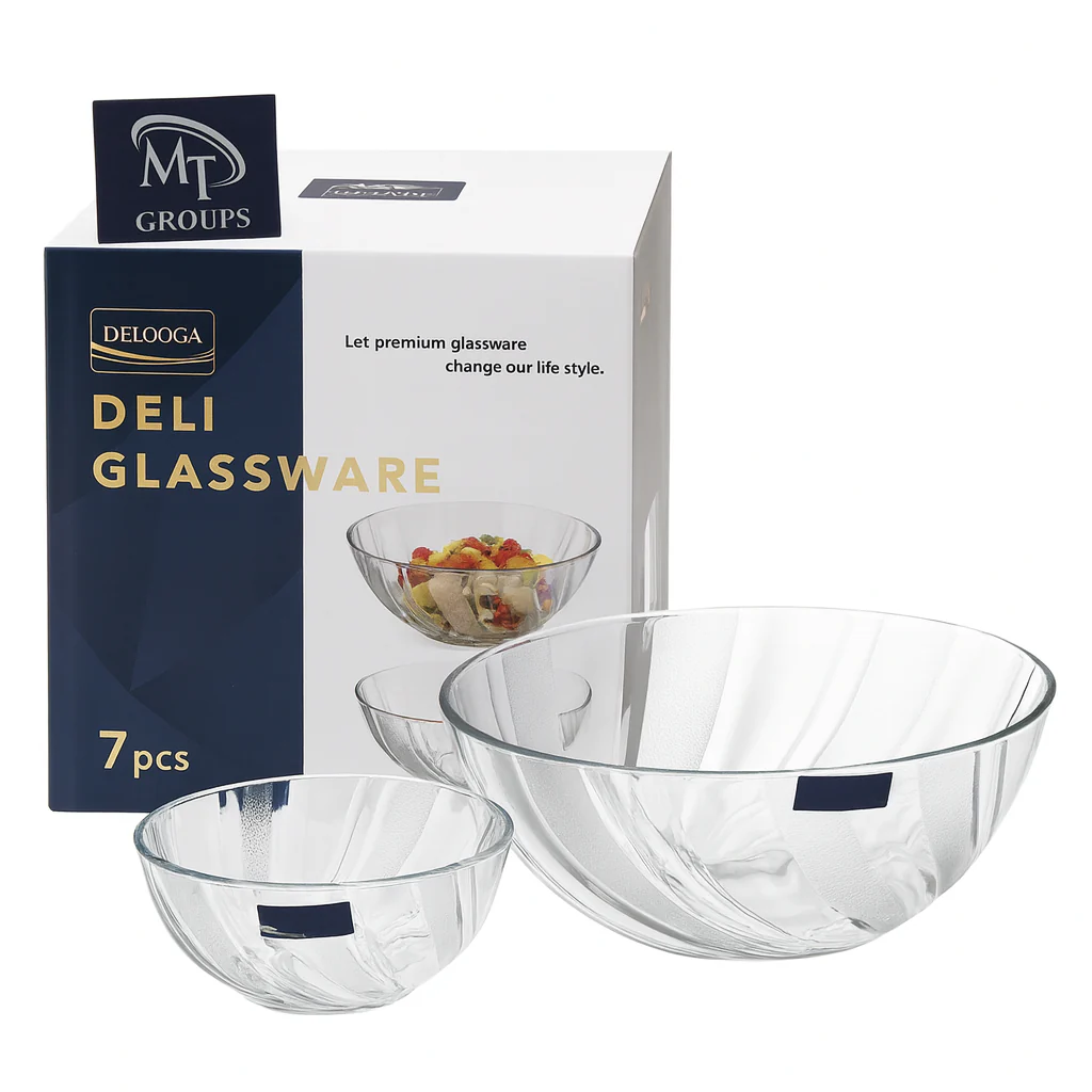 Clear Swirl-Pattern Pressed-Glass 7-Piece Fruit Bowl Set – Elegant Modern Serveware - Image 2