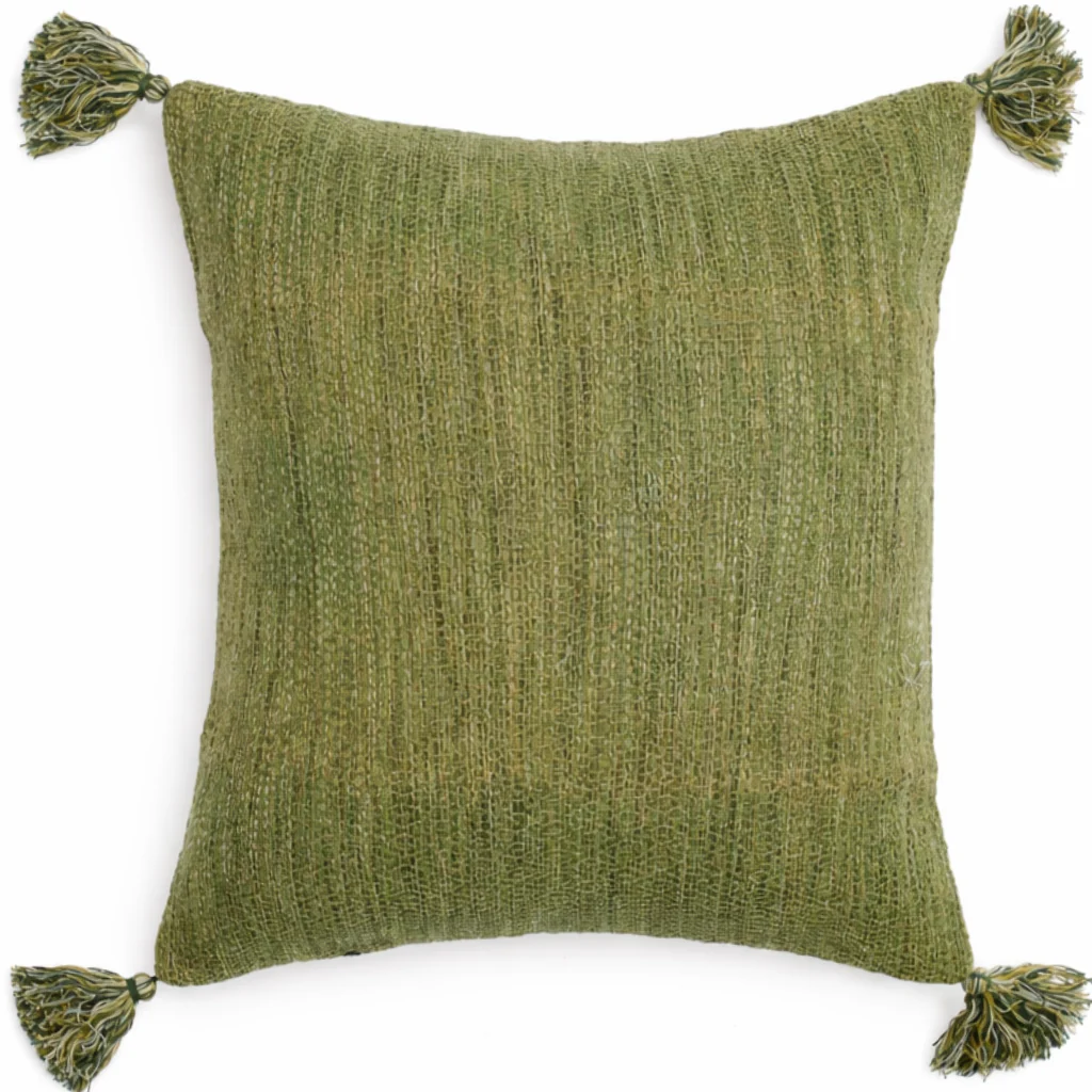 Coir Green Cushion Cover 20x20" – Rustic Textured Tassel Throw Pillow Cover
